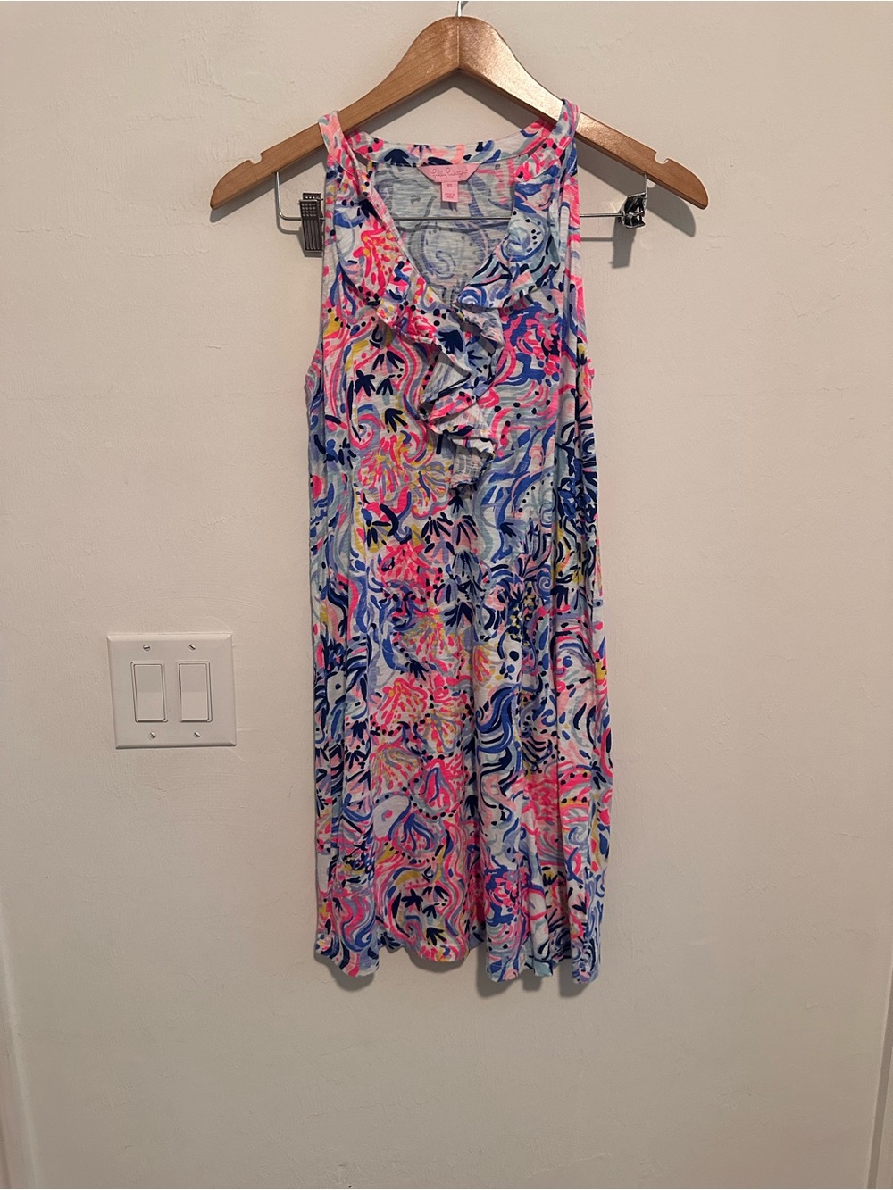 Lilly Pulitzer XS Colorful Ruffle Shift Dress Sleeveless Pink Blue - Picture 2 of 8